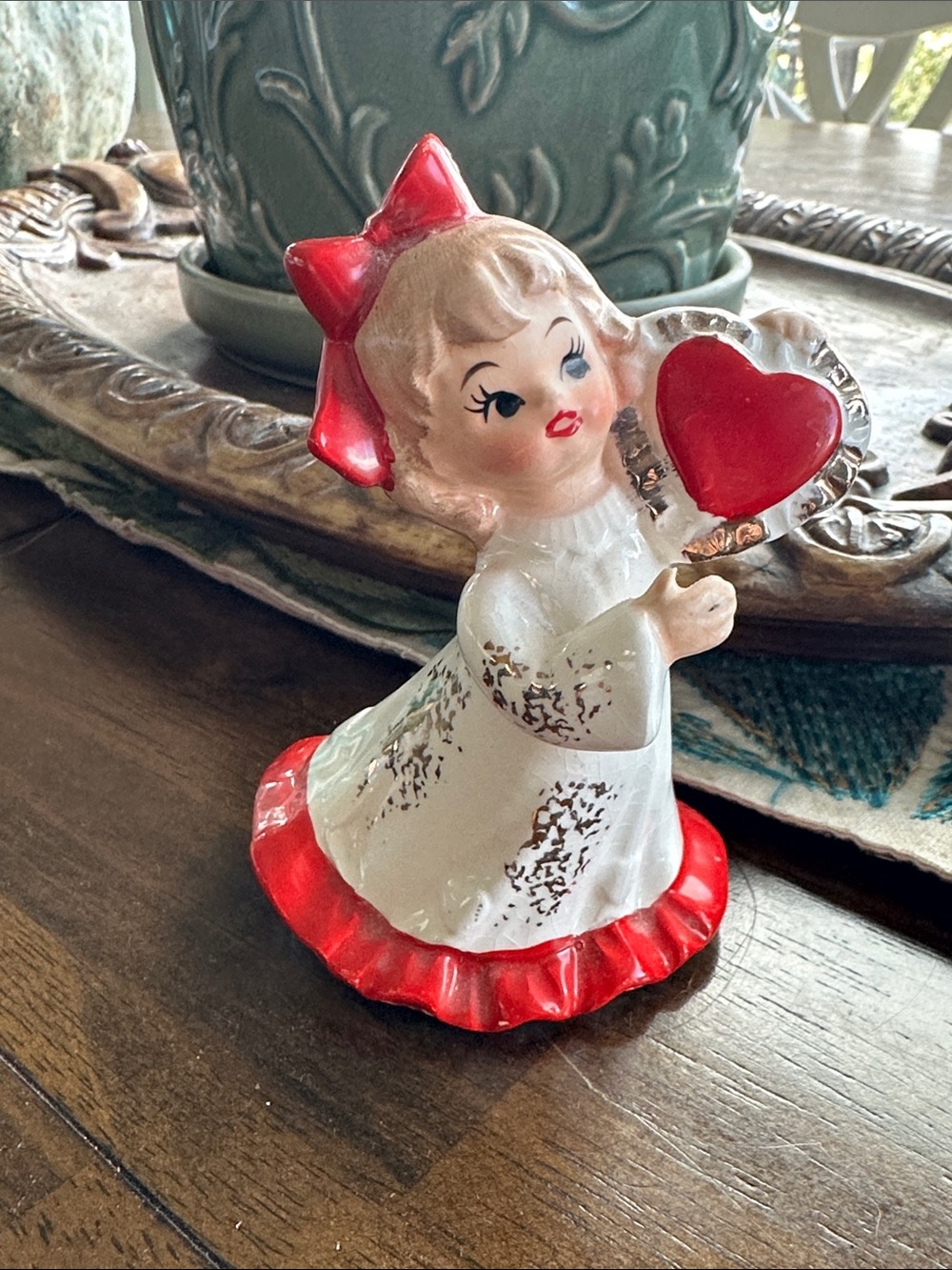 Vintage  Lefton White and Red Heart Girl Figurine - Decorative Accent